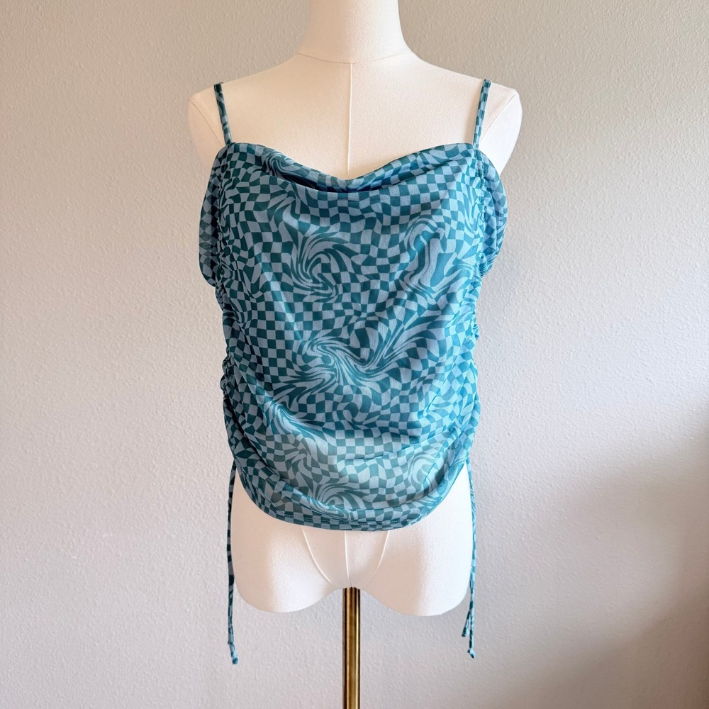 SO Mesh Cowl Neck Ruched Cami Top XXL Teal Blue Warped Checkerboard Y2K Festival